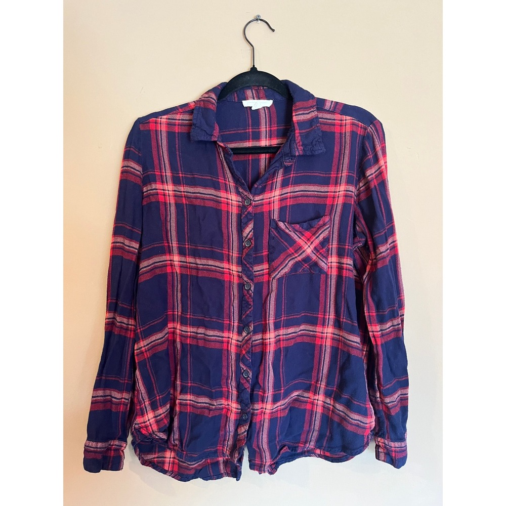 Beachlunchlounge Navy Blue Red Plaid Flannel Button Down Shirt Women Large